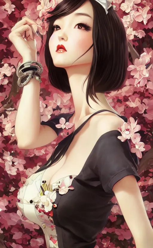 Image similar to a pin up and beautiful fashion and charming and dreamlke japan girl with lv jewelry, character art, art by artgerm lau and kyoung hwan kim and and ilya kuvshinov and john singer sargent, hyperdetailed, 8 k realistic, symmetrical, frostbite 3 engine, cryengine, dof, trending on artstation, digital art