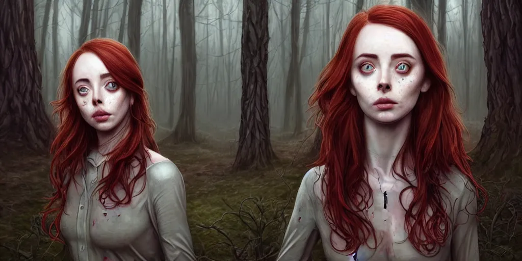 Prompt: surrounded by trees, realistic character concept, gorgeous Kacey Rohl, red hair, small freckles, symmetrical face, symmetrical eyes, full body, covered in blood, dark forest, trees, shorter neck, cinematic lighting, Joshua Middleton and artgerm, Wendigo creature with antlers and a deer skull face lurking in the background, fear anxiety terror