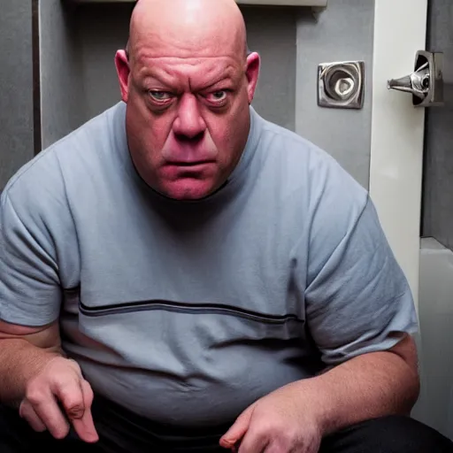 Prompt: a picture of hank schrader with a confused expression sitting on a toilet