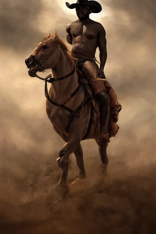 Prompt: a beautiful dramatic epic painting of a thicc shirtless handsome!! black man | he is wearing a leather harness and cowboy hat | prairie setting, dust clouds | homoerotic, highly detailed, dramatic lighting | by Mark Maggiori, by William Herbert Dunton, by Charles Marion Russell | trending on artstation