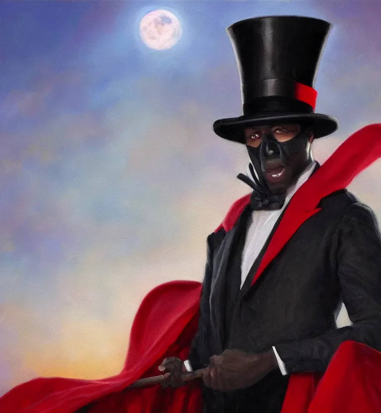 Image similar to a realistic oil painting of a black man in a cemetery at night wearing a top hat that hides his face and a black and red cape while holding a trident, digital art, realistic, detailed, moonlight.