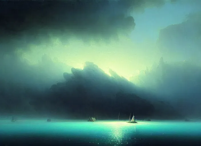 Prompt: blue - turquoise fog in the void, black background, hyperrealism, no blur, 4 k resolution, ultra detailed, style of asher brown durand, ismail inceoglu, robert mccall, ivan aivazovsky