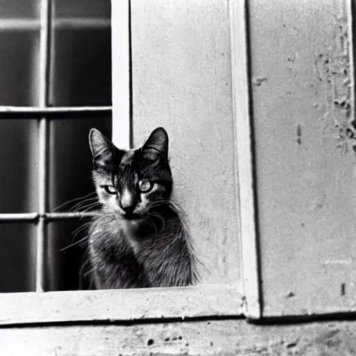 Prompt: a cat watching a bird, photograph by henri cartier bresson