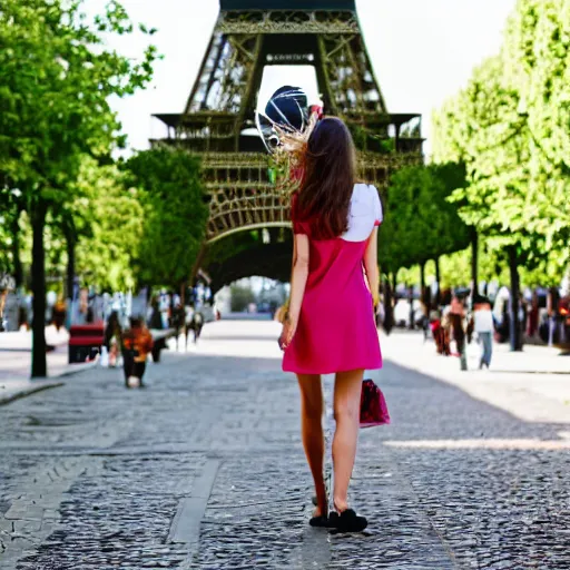 Image similar to beautiful tourist girl in a summer dress, walking in paris with her suitcase, cozy afternoon