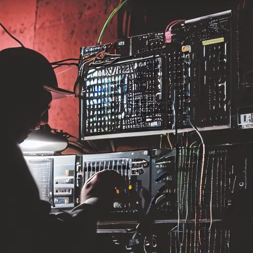 Prompt: an electrical engineer patching a modular synthesizer in a dark but adequately lot environment, artistic photography