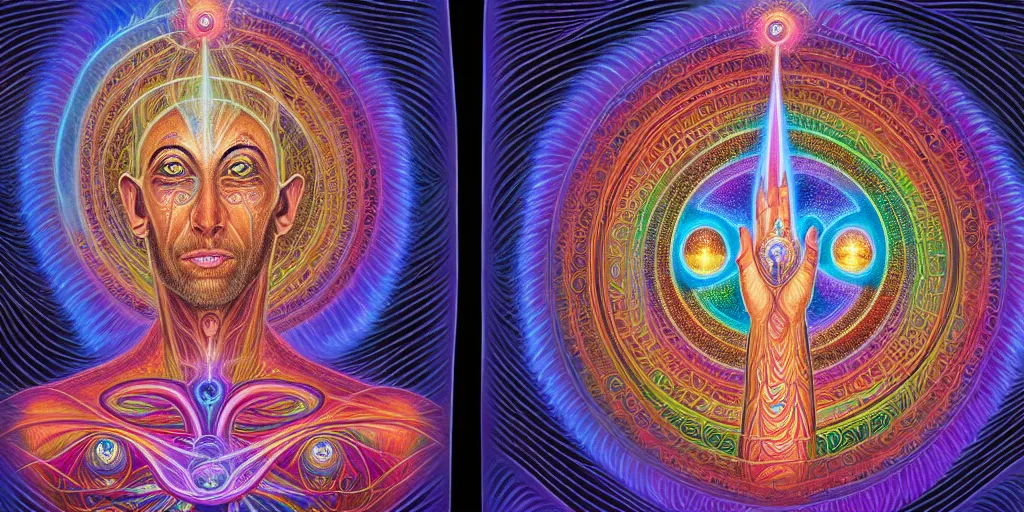 Prompt: detailed portrait of a dmt time elf waving to a passing soul energy, dmt portrait of ethereal time elves displaying their soul frequency, cathedral background, masterpiece composition, 8 k resolution, ultra fine illustration, art by alex grey and tokio aoyama, highly detailed,