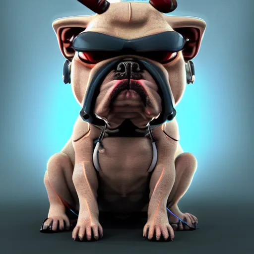 Image similar to « a cartoon cyborg bulldog sitting down, cyberpunk digital art by greg rutkowsky, cgsociety, 2 d art, cartoon, future tech, sketchfab »