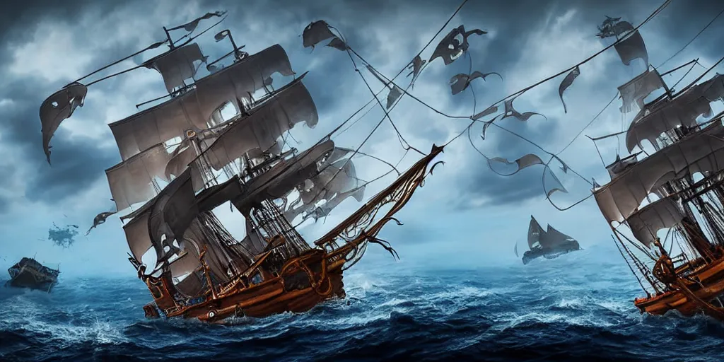 Image similar to pirate ship sailing on rough seas, giant squid 🦑 attacking pirate ship, photorealistic illustration, high quality render, 8 k resolution