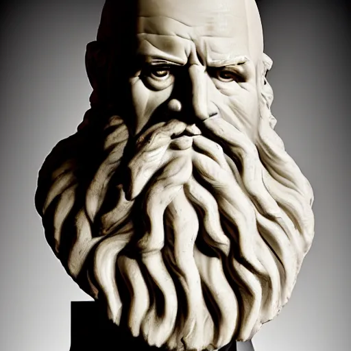 Image similar to epic greek marble statue of a grumpy bald man with a long beard, photo, chiaroscuro