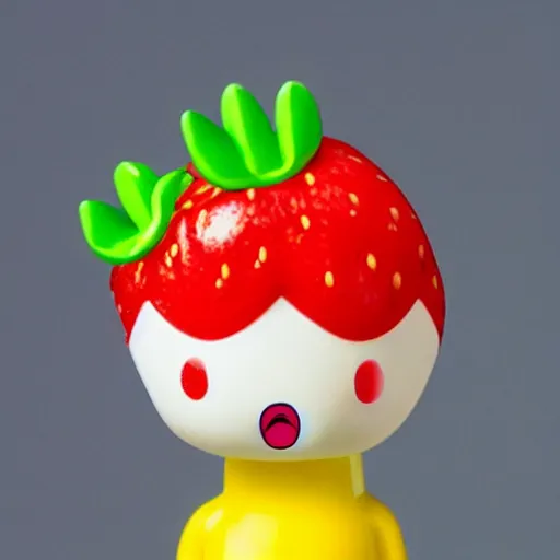 Image similar to a cute strawberry with two front teeth, holding a yellow toothbrush, in the style of chiho aoshima