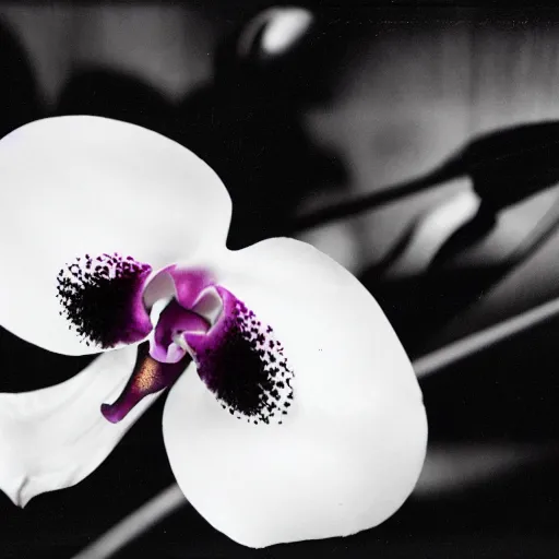 Image similar to a film noir about a killer orchid, color film still