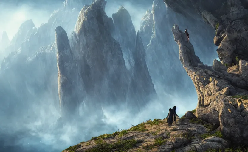 Prompt: two hooded figures engaging in an epic fight on a cliffside, epic, fantasy artwork, intense, cinematic, raytracing, dynamic lighting, 4 k