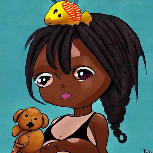 Image similar to Dark skinned girl pets Chibi Godzilla, digital art