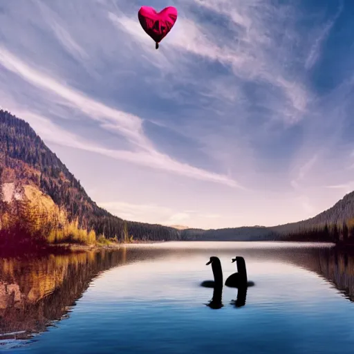 Image similar to photo of two black swans swimming in a beautiful reflective mountain lake, touching heads, forming a heart with their necks, a colorful hot air balloon is flying above the swans, hot air balloon, intricate, 8k highly professionally detailed, HDR, CGsociety