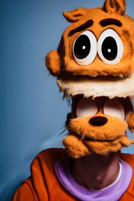 Prompt: portrait of Jacksfilms dressed in Garfield costume, starring in live-action adaptation of the comics, close-up photograph, shallow depth of field