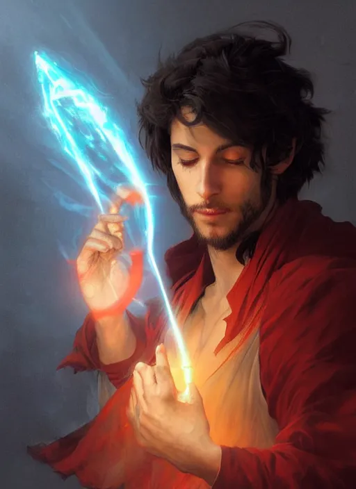 Image similar to character concept portrait of an attractive young Spanish wizard with red skin conjuring a laser spell, a floating iridescent spell book in the center, intricate, elegant, digital painting, concept art, smooth, sharp focus, illustration, from Metal Gear, by Ruan Jia and Mandy Jurgens and William-Adolphe Bouguereau, Artgerm