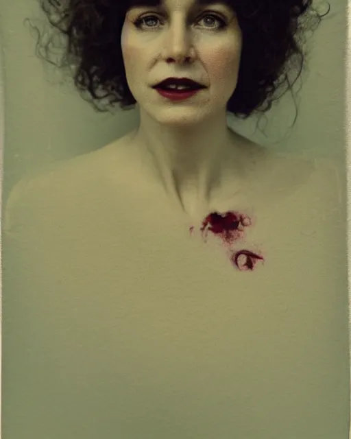 Image similar to an instant photo of a beautiful but sinister, smiling woman in layers of fear, with haunted eyes and curly hair, 1 9 7 0 s, seventies, delicate embellishments, a little blood, crimson, painterly, offset printing technique, mary jane ansell