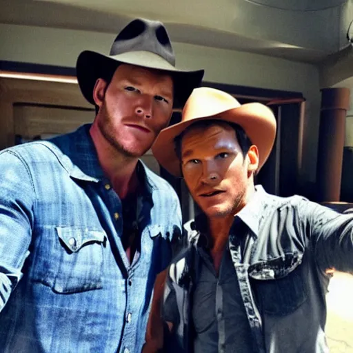 Image similar to chris pratt as indiana jones taking a selfie with an older harrison ford, instagram, cinematic