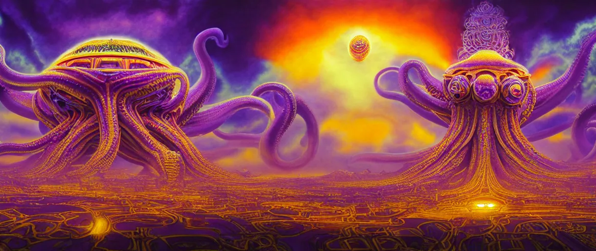 Image similar to hyper-ornate bio-morphic sky city built on giant orange and purple cyborg octopus puffy clouds matte painting concept art alex grey salvador dali cinematic soft glow lighting high angle hd 8k sharp shallow depth of field