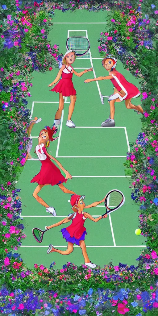 Image similar to Two elves playing tennis on a tennis court made of flowers, digital art