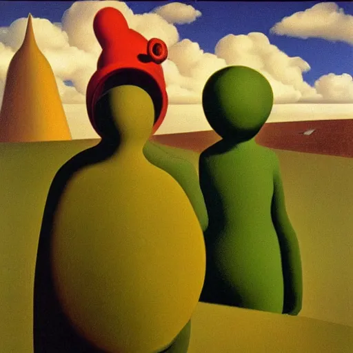 Image similar to a surrealist painting of the green teletubbie, rene magritte