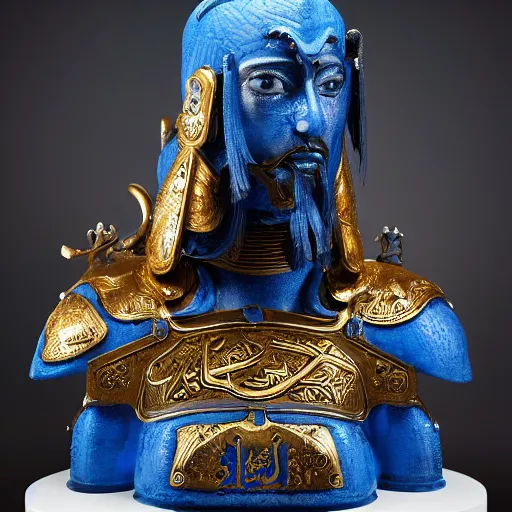 Image similar to a guardian, hussein by hieronymus engine, beautiful barbarian rays of shimmering mechanical chinese blue inexplicable cinematic, 8 k resolution, and behavior, and paint oil paint metal liquid metal sculpture