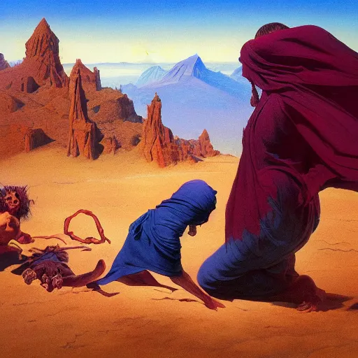 Image similar to journey of Bucolic gaze death wisdom Bedouin under crimson azure diamond sky, in the style of Frank Frazetta, Jeff Easley, Caravaggio, extremely clear and coherent, clear lines, 8K revolution