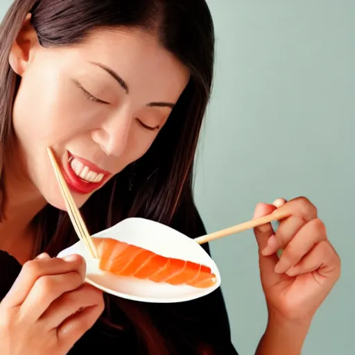 Prompt: woman eating sushi and enjoying it