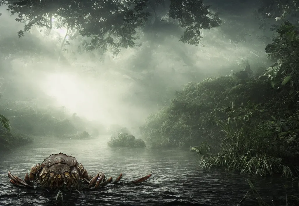 Image similar to an enormous giant crab king emerging from the waters, in a jungle with ominous light from above, ambient light, fog, river, very poetic