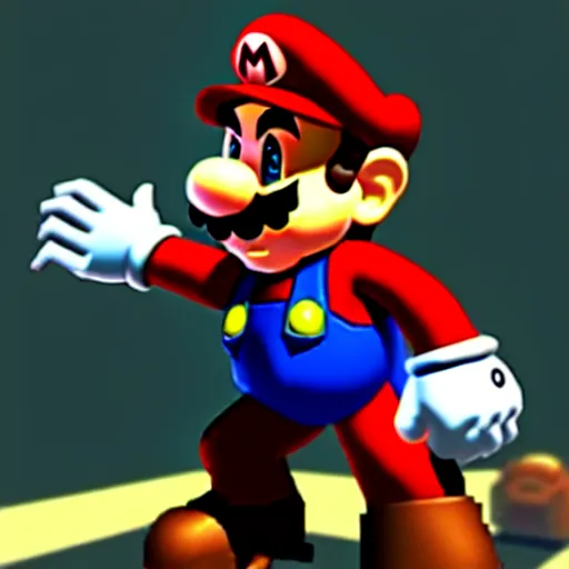 Prompt: mario in doom 6 4, mario is doom guy, doom dark moody colored lighting