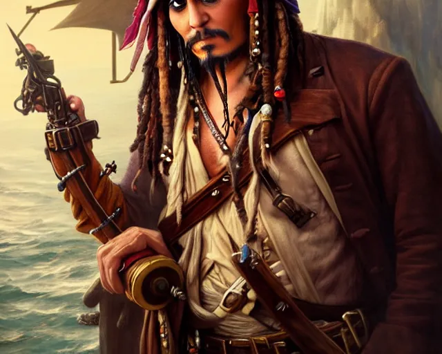 Image similar to captain jack sparrow with a smirk, photography of kurzgesagt, deep focus, d & d, fantasy, intricate, elegant, highly detailed, digital painting, artstation, concept art, matte, sharp focus, illustration, hearthstone, art by artgerm and greg rutkowski and alphonse mucha