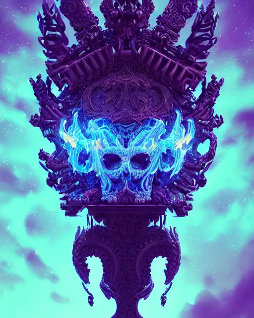 Prompt: 3 d ornate carved dark cosmic king with tattoos profile portrait, sigma 5 0 0 mm f / 5. beautiful intricate highly detailed quetzalcoatl skull. bioluminescent, plasma, lava, ice, water, wind, creature, thunderstorm! artwork by tooth wu and wlop and beeple and greg rutkowski, 8 k trending on artstation