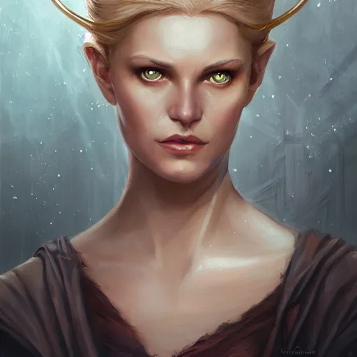 Image similar to a detailed matte head - on portrait painting of an middle - aged half - tiefling noblewoman with golden eyes and short well kept hair, by charlie bowater, lise deharme, wlop, tending on arstation, dungeons and dragon, dnd, pathfinder, fanart, oil on canvas