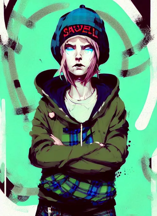 Image similar to highly detailed portrait of a sewer punk lady student, blue eyes, tartan hoody, hat, white hair by atey ghailan, by greg rutkowski, by greg tocchini, by james gilleard, by joe fenton, by kaethe butcher, gradient green, black, brown and magenta color scheme, grunge aesthetic!!! ( ( graffiti tag wall background ) )