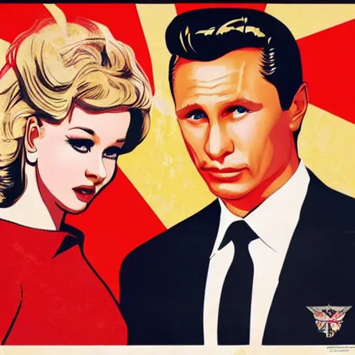 Image similar to vladimir putin stars in grease, hollywood movie poster, ussr propaganda poster realistic,