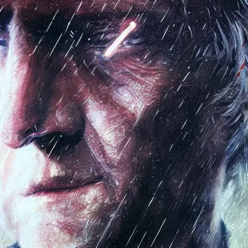 Image similar to cinematic portrait of rutger hauer in blade runner, perfect face, neon rain, moody, elegant, by alyssa monks, highly detailed, symmetrical face, fine details, masterpiece, trending on artstation