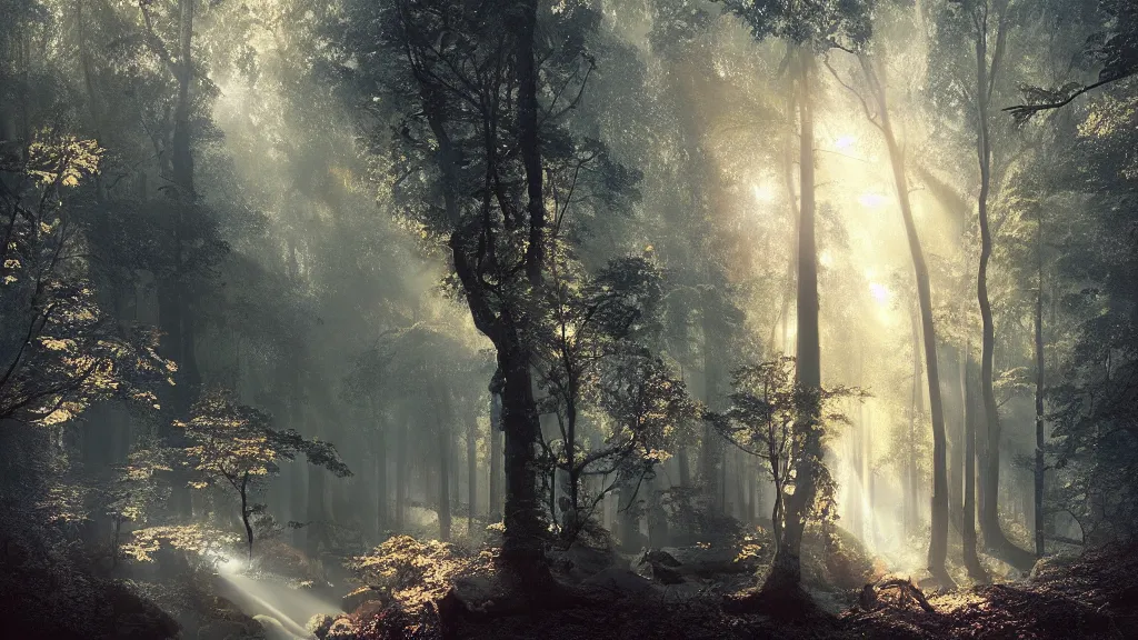 Image similar to a sunlit spot in the dark forest. andreas achenbach, artgerm, mikko lagerstedt, zack snyder, tokujin yoshioka