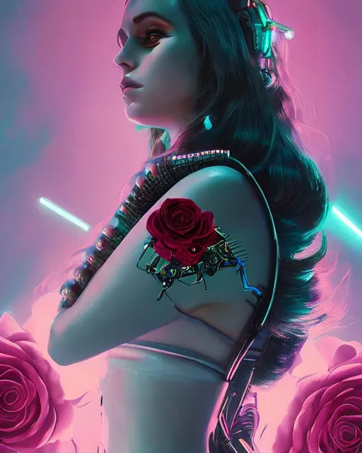 Image similar to portrait of lana del rey as a cyberpunk cyborg. sci - fi intricate abstract upper body intricate artwork, roses, rose petals by tooth wu, wlop, beeple, dan mumford. concept art, octane render, trending on artstation, greg rutkowski, asymmetrical, cinematic arthouse, key art, hyper realism, iridescent accents