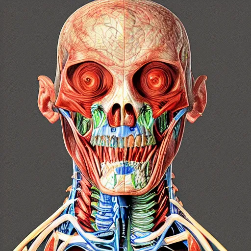 Prompt: “ a scan of a mutated anatomy textbook, extremely detailed ”
