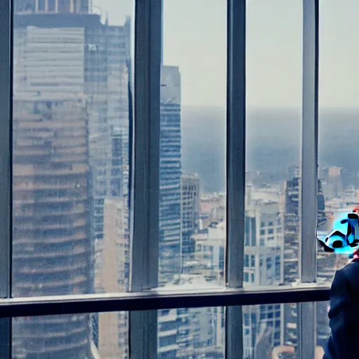 Image similar to still of cat in a suit looking out at the skyline from a penthouse suite, cinematic,