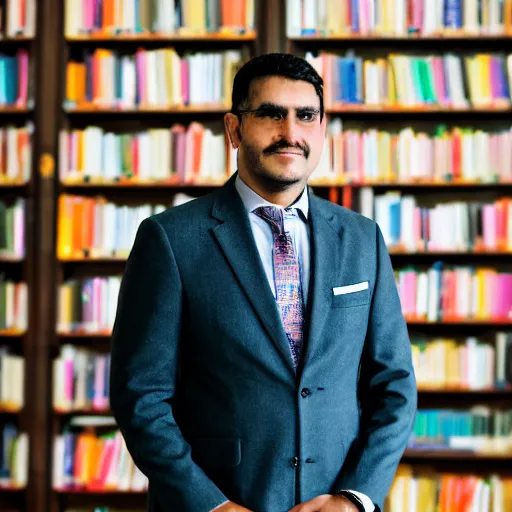 Prompt: a portrait of antonio ortiz in a library, sigma 8 5 mm f / 1. 4