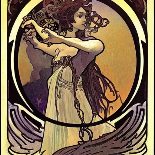 Image similar to lovecraftian protagonist by alphonse mucha