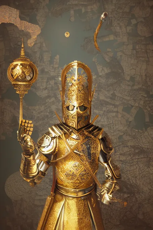 Image similar to hyperdetailed matte illustration of a knight wearing an ornate gold headpiece and holding a flower with a map of the collective subconscious in the background by octane render