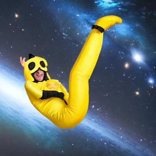 Image similar to man floating in space wearing a banana costume