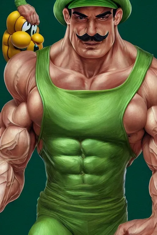 Prompt: muscular luigi wearing a green jumpsuit by ilya kuvshinov, bodybuilder ernest khalimov, super mario bros symmetrical face concept art, hyper realistic, intricate, elegent, highly detailed, digital painting, concept art, smooth, sharp, focus, illustration, art by artgerm and greg rutkowski and alphonse mucha, artstation