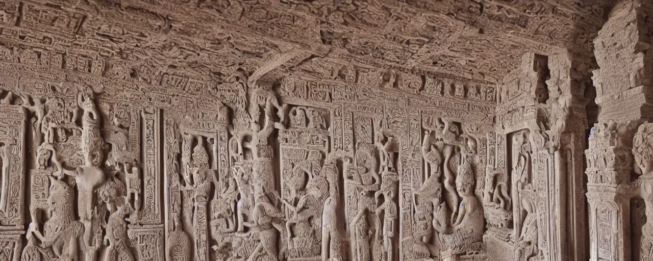 Image similar to temples intricately carved with language of the gods, depicting species long extinct and ethereal beings, sanskit, hieroglyphs, artistic carved into marble pillars at the entry way to heavan, high detail, cinema lens, cinematography, ethereal lighting - H 640