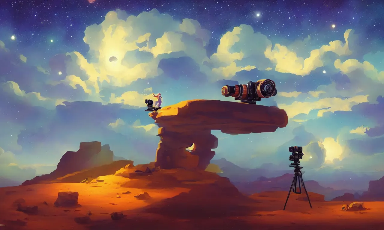 Prompt: A beautiful painting of a camera floating among stars, by RHADS, trending on Artstation