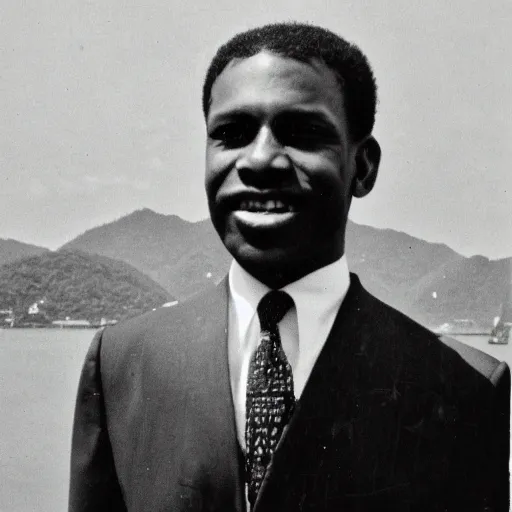 Image similar to vintage photo of a black man wearing a black suit in front of rio de janeiro