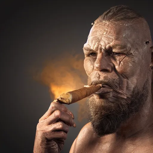Image similar to realistic photo portrait of a prehistoric man smokibg cigar, volumetric lights, trending on artstation, studio photo, intricate details, highly detailed