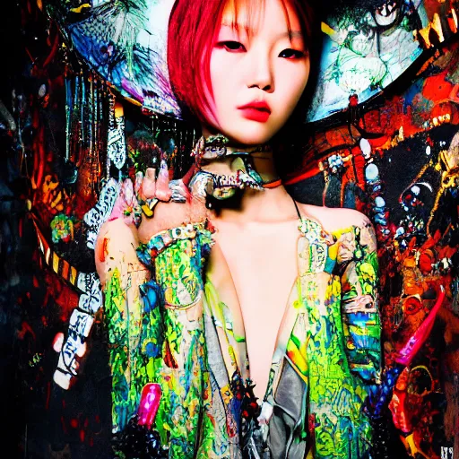 Prompt: photo realistic, high level of detail, high resolution, 3 5 mm lens : ( subject = korean top model + ( object = graffiti + object detail = high definition highly detailed baroque cyberpunk shamaness, varnished oil paint in bright colors on black background with small background color splatters, by katsuhiro otomo ) )